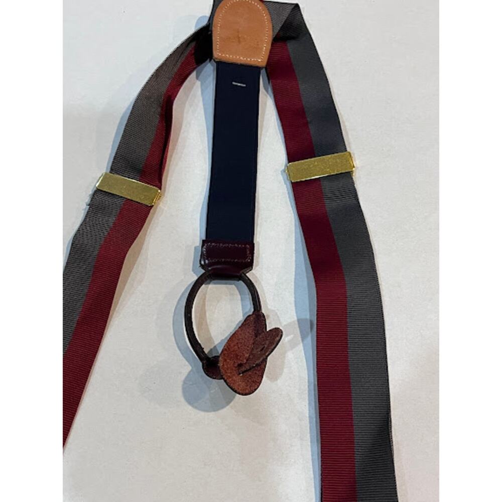 Vintage Silk Suspenders Braces Gray Maroon Dark Brown Leather Fully Expandable